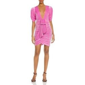 For Love & Lemons Velvet Mini Dress Pink Ruched Tie Front Puff Sleeve‎ S